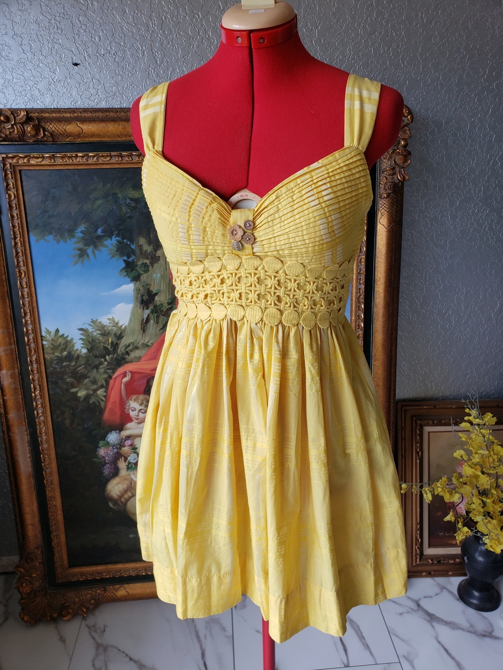 XOXO Bright Yellow Crochet-Waist Mini Dress